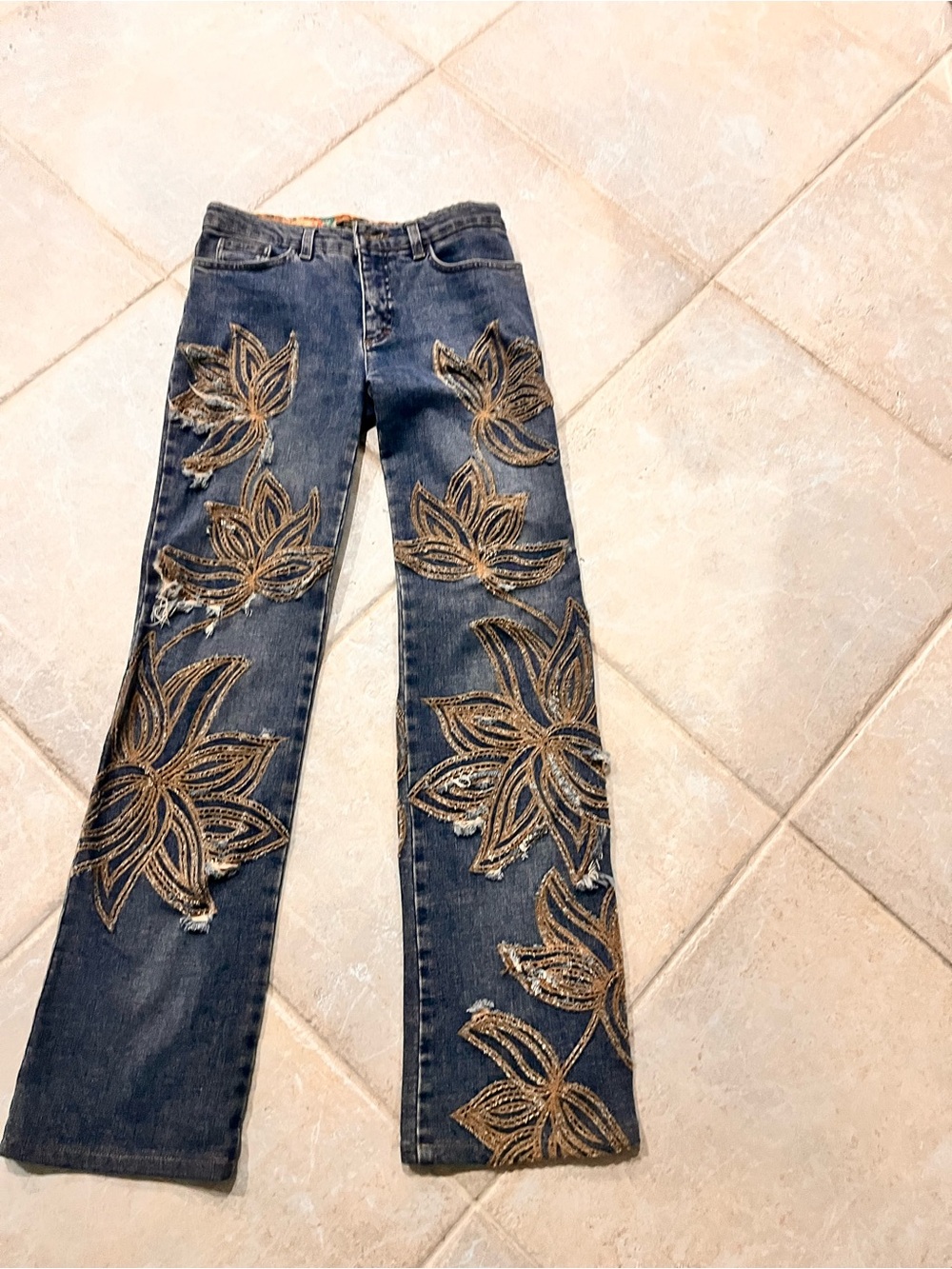Roberto Cavalli Dark Blue Flared Jeans with Gold Floral Appliqué